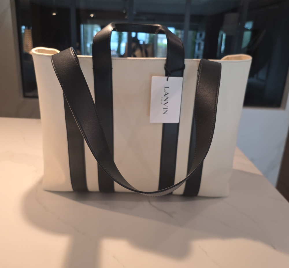 BRAND NEW Lanvin Cream Canvas Tote with Black Leather Trim